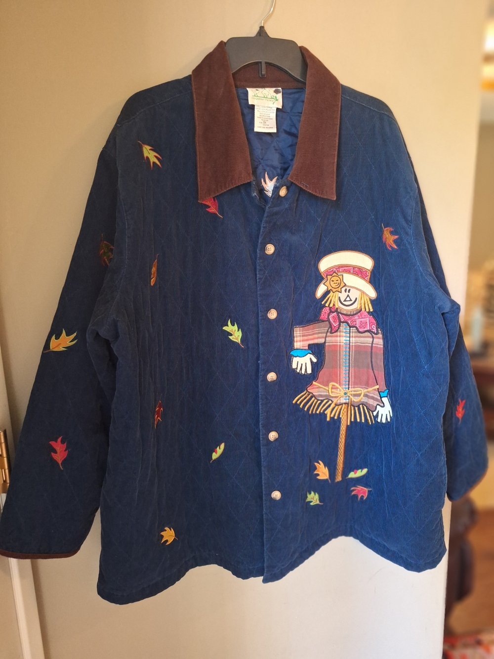 Quaker Factory Blue Corduroy Barn Jacket with Scarecrow Appliqué